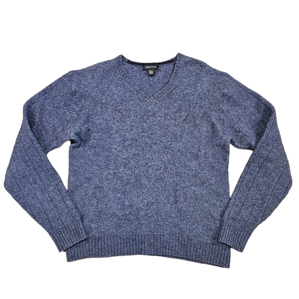 Nautica Men's V-Neck Long Sleeve Sweater Size Large 78% Wool Blue Gray Logo